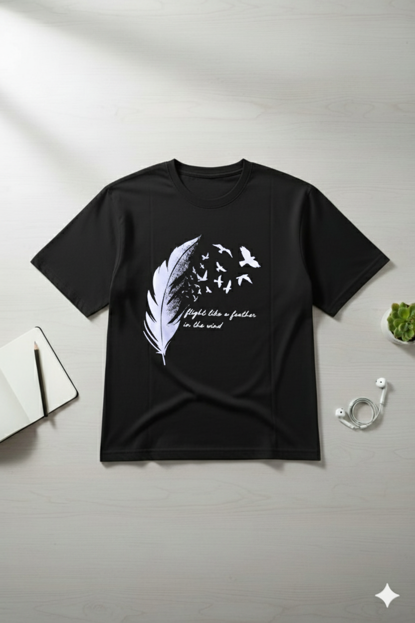 Feather Black Oversized Graphic T-Shirt!