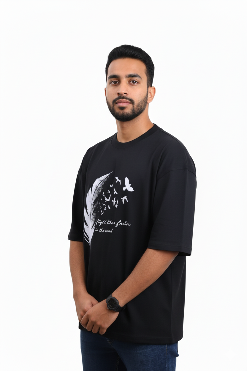 Feather Black Oversized Graphic T-Shirt!